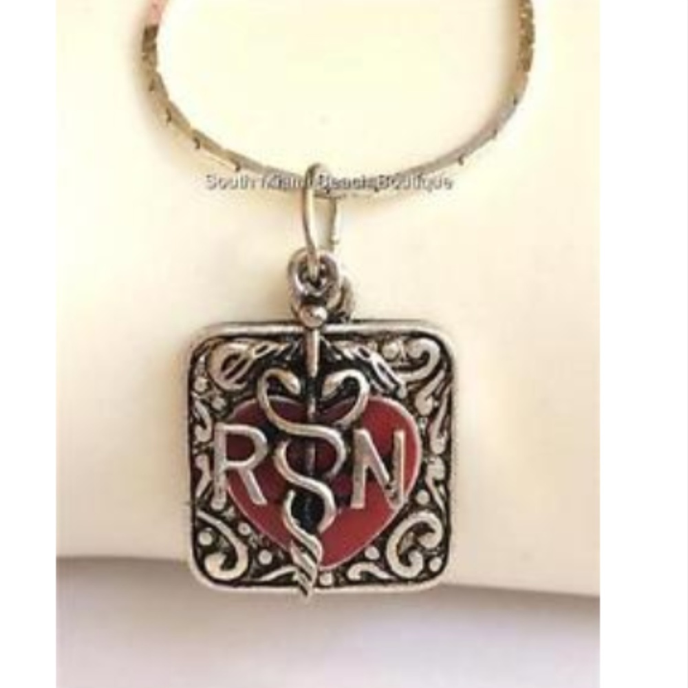 Silver RN Nurse Caduceus Heart Necklace Nursing